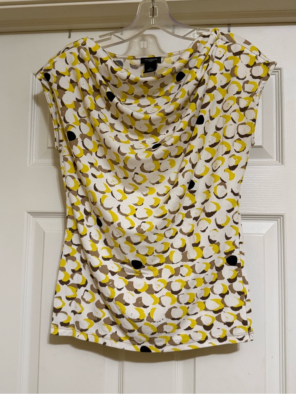 Ann Taylor Yellow White and Taupe Drape Neck Sleeveless Blouse